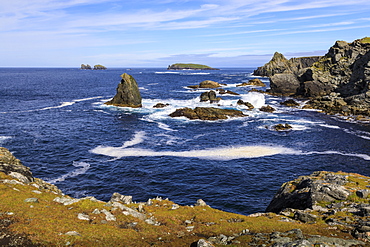 Isle of Fethaland, frothy sea, stacks, cliffs, Isle of Gruney , Ramna Stacks, North Roe, Mainland, Shetland Isles, Scotland, United Kingdom, Europe