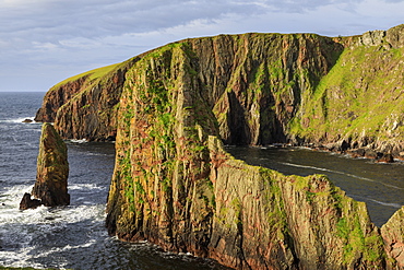 Westerwick, dramatic coastal views, red granite sea cliffs and stacks, West Mainland, Shetland Isles, Scotland, United Kingdom, Europe