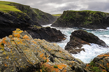 Ketla Ness peninsula, Fugla Stack, dramatic coast, cliffs, clouds, Banna Minn, West Burra Island, Shetland Isles, Scotland, United Kingdom, Europe