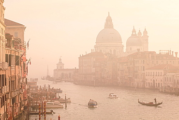 Beautiful Grand Canal, winter fog, morning golden light, Santa Maria della Salute, Venice, UNESCO World Heritage Site, Veneto, Italy, Europe