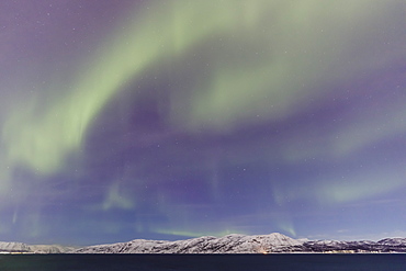 Northern Lights (Aurora Borealis) over mountains of Altafjord in winter, Alta, Troms og Finnmark, Arctic Circle, North Norway, Scandinavia, Europe