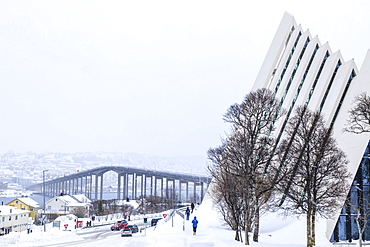 Arctic Cathedral, Tromsdalen, heavy snow in winter, Tromso,  Tromsoya, Troms og Finnmark, Arctic Circle, North Norway, Scandinavia, Europe