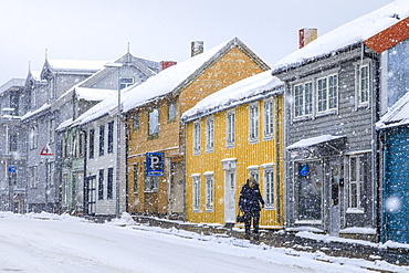 Historic central district, colourful wooden houses, heavy snow in winter, Tromso, Troms og Finnmark, Arctic Circle, North Norway, Scandinavia, Europe