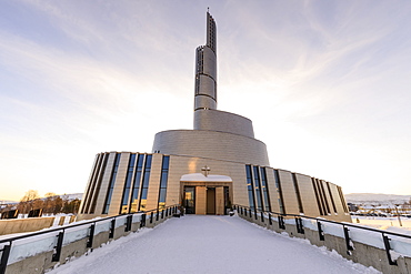 Northern Lights Cathedral, titanium clad, deep snow in winter, sunset, Alta, Troms og Finnmark, Arctic Circle, North Norway, Scandinavia, Europe