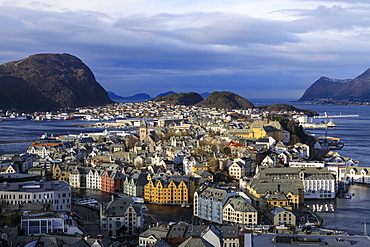 View from Aksla hill over Alesund, Art Nouveau buildings, mountains and sea in winter, Alesund, More og Romsdal, Norway, Scandinavia, Europe