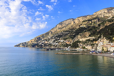 Town, sea and hills in sunshine, Amalfi, Costiera Amalfitana (Amalfi Coast), UNESCO World Heritage Site, Campania, Italy, Europe