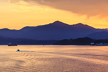 Sunrise over Prince Rupert, from the sea, Kaien Island, Inside Passage, North West British Columbia, Canada, North America