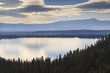 Jenny Lake from Inspiration Point on a hazy autumn (fall) day, Grand Teton National Park, Wyoming, United States of America, North America