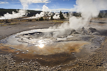 Yellowstone thermal features emit steam backlit by sun, Yellowstone National Park, UNESCO World Heritage Site, Wyoming, United States of America, North AmericaWyoming, USA