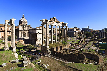 Elevated view of the columns of the Temples of Saturn and Vespasian with Santi Luca e Martina, Forum, UNESCO World Heritage Site, Rome, Lazio, Italy, Europe