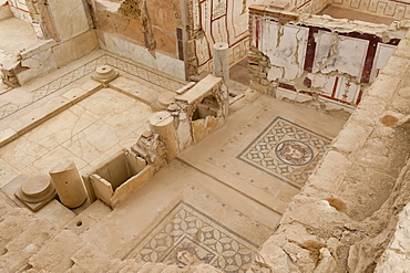 Elevated view of mosaics, murals and frescoes in a Terrace House, Curetes Street, Ephesus, near Kusadasi, Anatolia, Turkey, Asia Minor, Eurasia