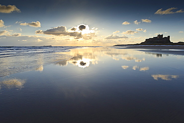 Bamburgh and Farne Island winter reflections, Bamburgh, Northumberland, England, United Kingdom, Europe