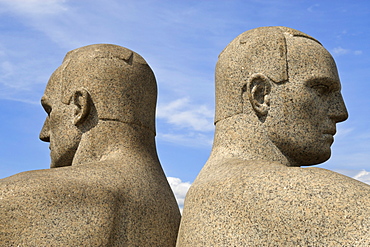 Back to back, detail of a sculptural group on the Monolith Plateau by Gustav Vigeland, Frogner Park, Oslo, Norway, Scandinavia, Europe