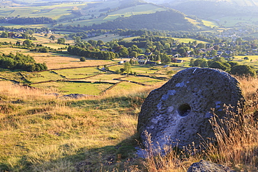 Millstone and golden fields above Curbar in summer, Curbar Edge, Peak District National Park, Derbyshire, England, United Kingdom, Europe