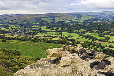 Hope village from Bamford Edge under heavy cloud in summer, Dark Peak, Peak District, Derbyshire, England, United Kingdom, Europe