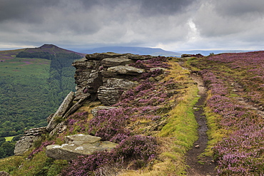 Track on Bamford Edge, Win Hill and a distant Kinder Plateau, Dark Peak, Peak District, Derbyshire, England, United Kingdom, Europe