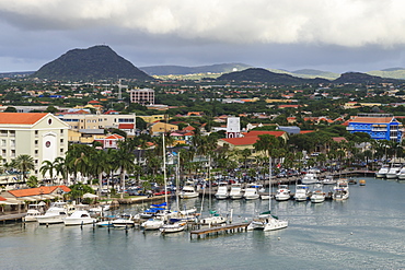 Oranjestad under heavy skies, elevated view from the cruise ship terminal, Oranjestad, Aruba, Antilles, West Indies, Caribbean, Central America