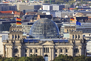 Elevated view, Reichstag from Panoramapunkt viewing platform, Kollhoff Building, Potsdamer Platz, Berlin, Germany, Europe