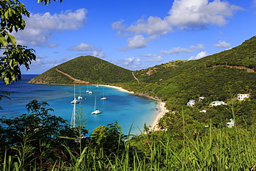 Elevated view of White Bay beaches and yachts, Jost Van Dyke, British Virgin Islands, West Indies, Caribbean, Central America