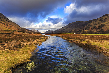 Warnscale Beck flows to Buttermere, from Peggy's Bridge in winter, Lake District National Park, Cumbria, England, United Kingdom, Europe