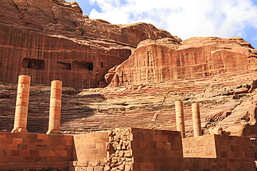 Theatre carved into the mountainside, with stage wall and columns, Petra, UNESCO World Heritage Site, Jordan, Middle East