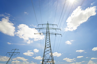 Power lines and electricity pylons, Baden-Wurttemberg, Germany, Europe