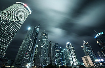 Lujiazui skyscrapers in a nightly long exposure, Shanghai, China, Asia