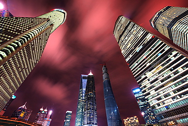 Dramatic low perspective view of skyscrapers in Shanghai Pudong (Lujiazui), Shanghai, China, Asia