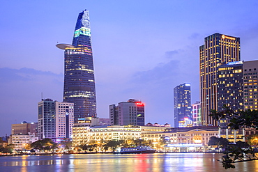 The skyline of the Central Business District of Ho Chi Minh City showing the Bitexco tower and the Saigon River, Ho Chi Minh City, Vietnam, Indochina, Southeast Asia, Asia