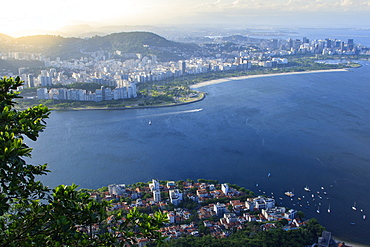 Urca in foreground and Flamengo in background neighbourhoods with central Rio de Janeiro in the distance and Guanabara Bay, Rio de Janeiro, Brazil, South America