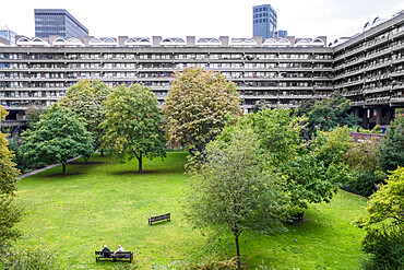 The Barbican Estate, elevated view of Barbican Speed Garden park, Brutalist architecture, residential apartments, City of London, London, England, United Kingdom, Europe