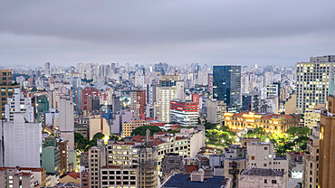 Elevated view downtown, city centre showing the illuminated Tribunal de Justica (Court of Justice) building, Sao Paulo, Brazil, South America