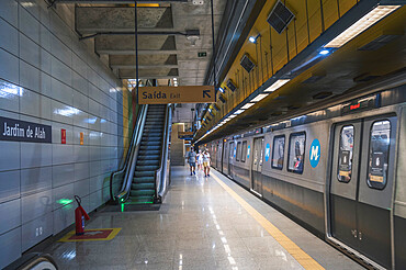 Interior of Jardim de Alah metro station, subway train on the platform, Rio de Janeiro, Brazil, South America