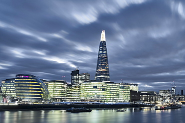 The Thames in Southwark with City Hall, More London Riverside, both architect Norman Foster, the Shard, architect Renzo Piano, and HMS Belfast, London, England, United Kingdom, Europe