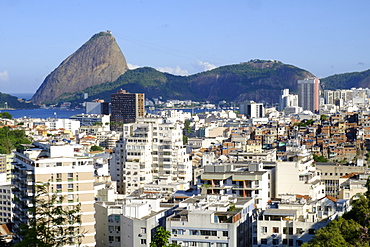 View of a favela with the Sugar Loaf in the background, Rio de Janeiro, Brazil, South America