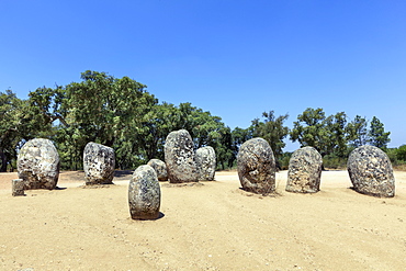 The Cromlech of the Almendres megalithic stone circle near Evora, Alentejo, Portugal, Europe