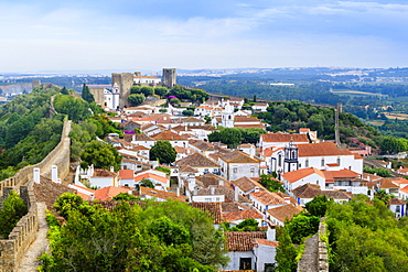 Streets and castle in the medieval walled village of Obidos in Portugal's Centro region, Portugal, Europe