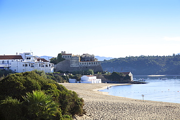 The town and town beach in Vila Nova de Milfontes on the Alentejo coast, Portugal, Europe