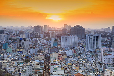 View of Bui Vien street and the skyline of downtown Ho Chi Minh City (Saigon), Vietnam, Indochina, Southeast Asia, Asia