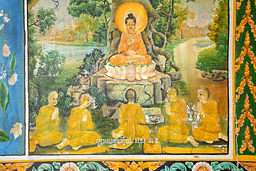 Mural showing scenes from the life of the Buddha, Takeo, Cambodia, Indochina, Southeast Asia, Asia