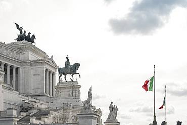 Italian flags flying over the Altare della Patria in the Piazza Venezia, Central Rome, Lazio, Italy, Europe