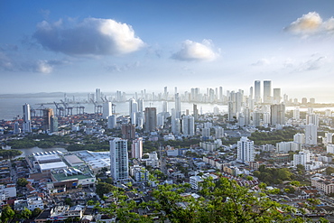 Skyline of downtown Cartagena city showing modern apartment blocks in the Bocagrande neighbourhood, Cartagena, Colombia, South America