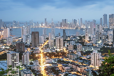 Skyline of downtown Cartagena city showing modern apartment blocks in the Bocagrande neighbourhood, Cartagena, Colombia, South America