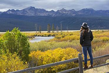 Caucasian woman admiring Sawtooth Range, Stanley, Idaho, United States