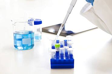 Mixed race scientist pipetting liquid into test tubes in laboratory