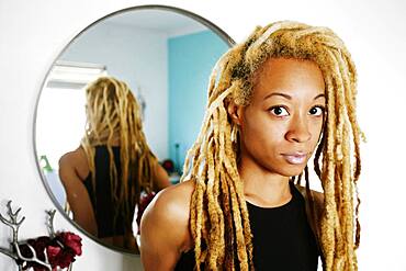 Close up of Black woman with dreadlocks