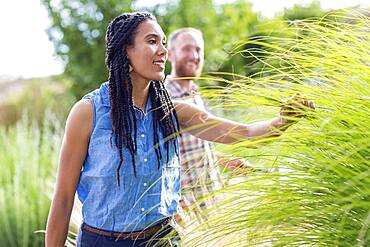 Woman examining tall plants in garden