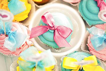 Close up of decorated cupcakes