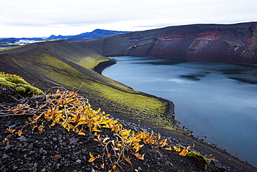 High angle view of volcanic rock and river in remote landscape