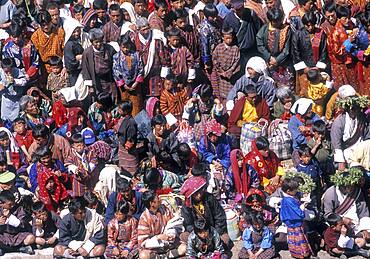 Overhead view of crowd celebrating Paro Festival, Paro, Paro District, Bhutan